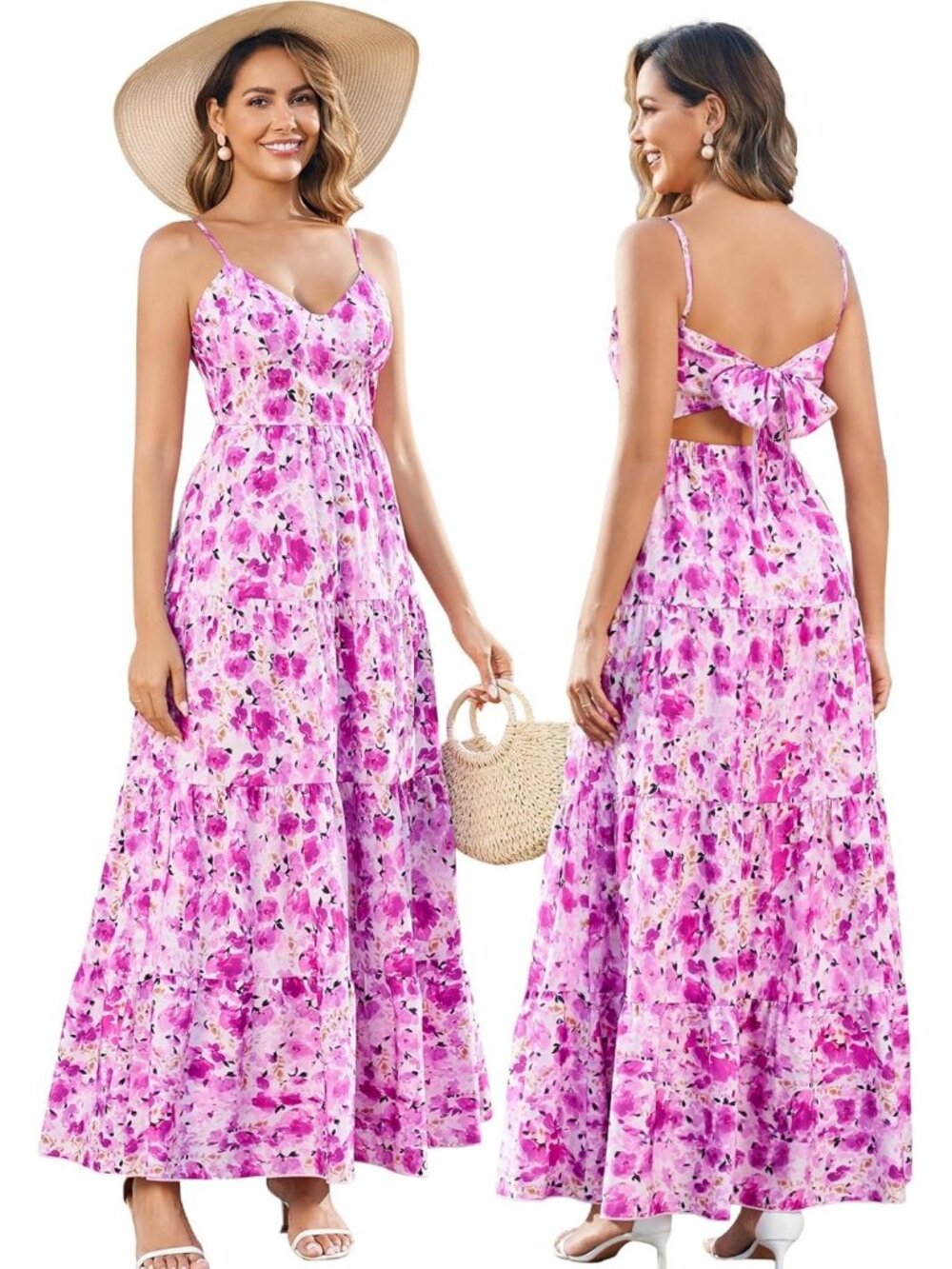 Women's Purple Boho Floral Maxi V-Neck Backless Tie Strap Flowy Sundress